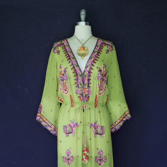 Calypso St. Barth silk Zakia beaded tunic caftan maxi dress kimono ethnic S - Picture 6 of 10